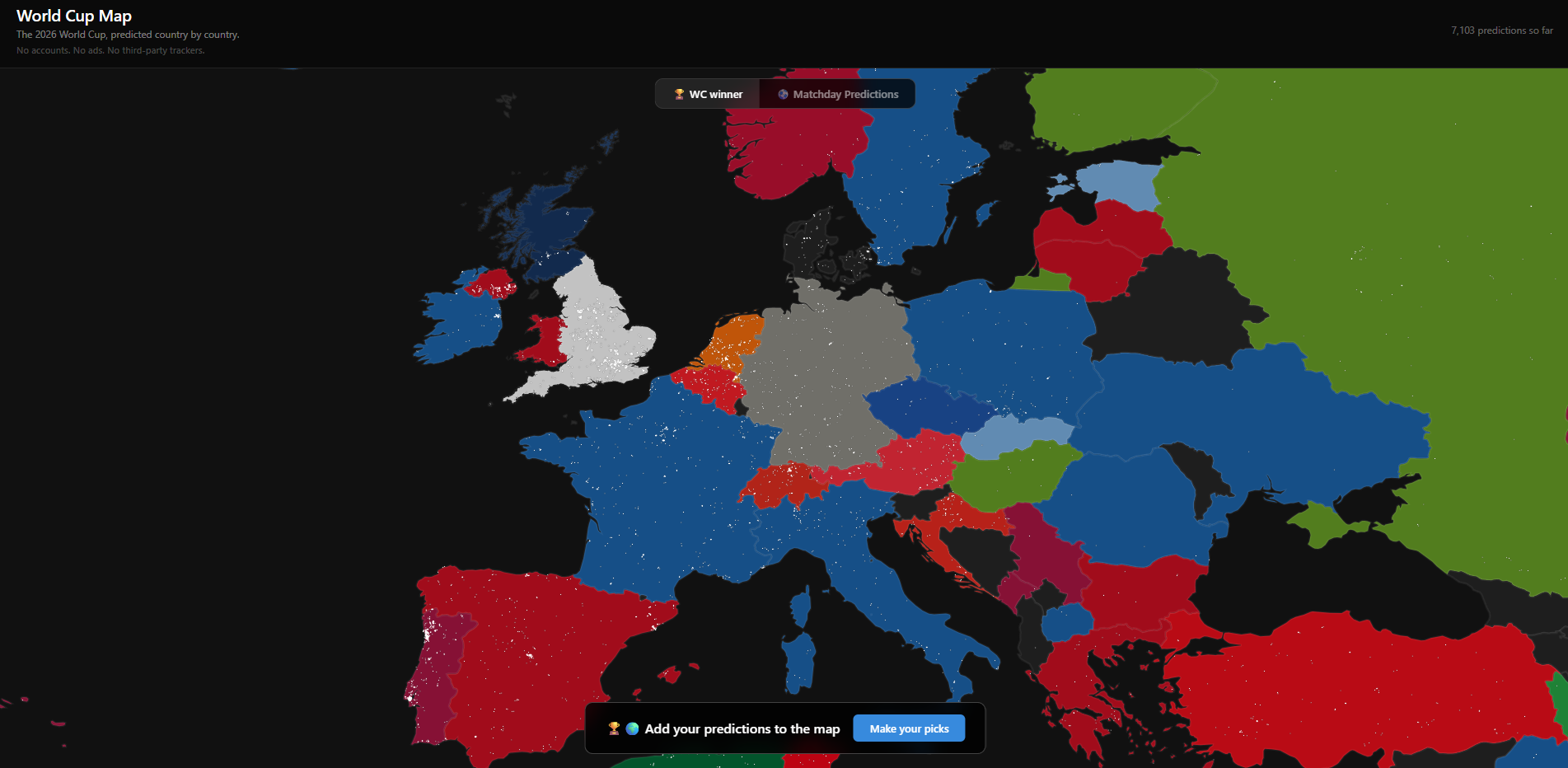 The worldcupmap.io world map, with each country coloured by the team its fans picked to win